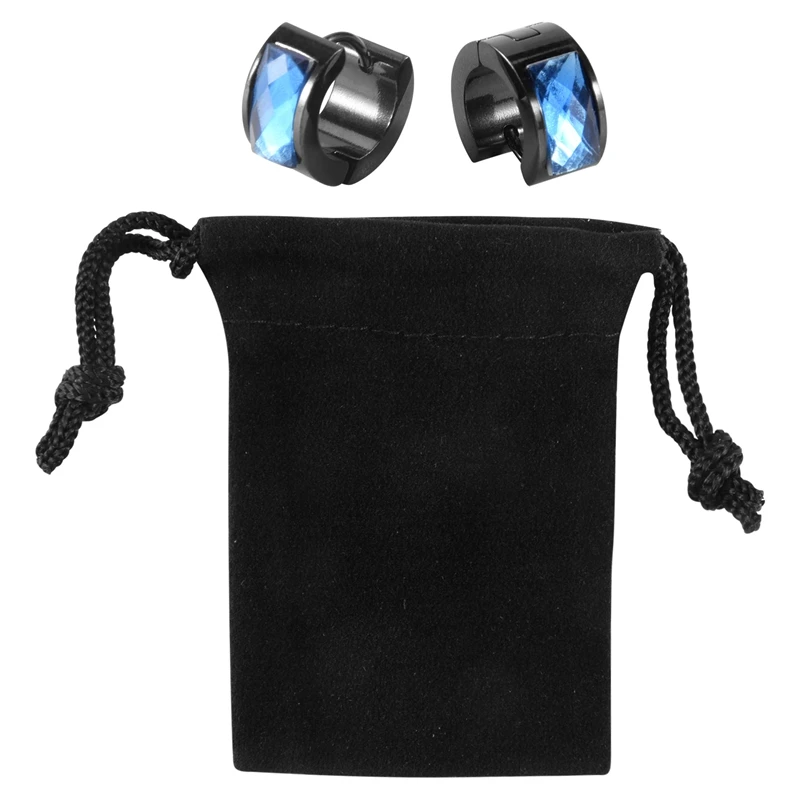 ต่างหูผู้ชายเครื่องประดับกระเป๋ากำมะหยี่ต่างหูห่วงสแตนเลสสีน้ำเงินดำ