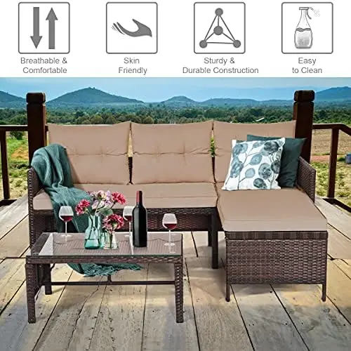 Conjunto de móveis de pátio de vime PE de 3 peças, sofá secional externo marrom com mesa de centro