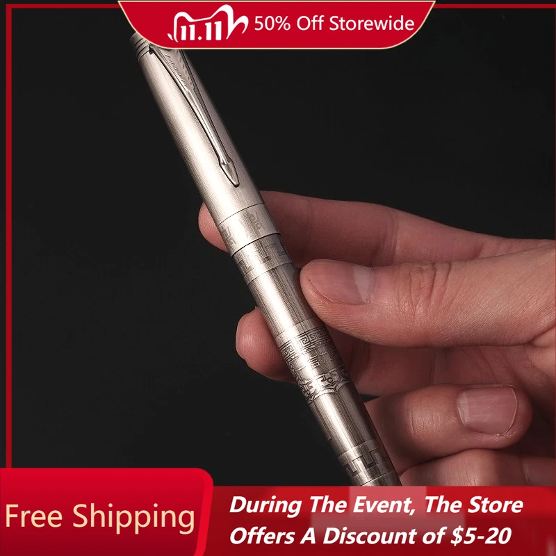 

WINGSUNG Stainless Steel Brushed Antique Silver Fountain Pen Artistic Curved Nib Metal Retro Curved Tip Adult Calligraphy Pen