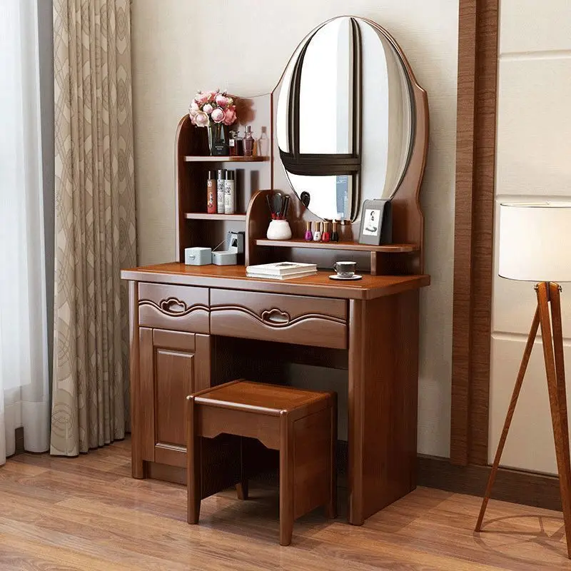 

Brown Stool Dresser Eithe Drawers Girl Mirror Women Wooden Dressing Table Makeup Luxury Modern Comoda Pra Quarto Furniture