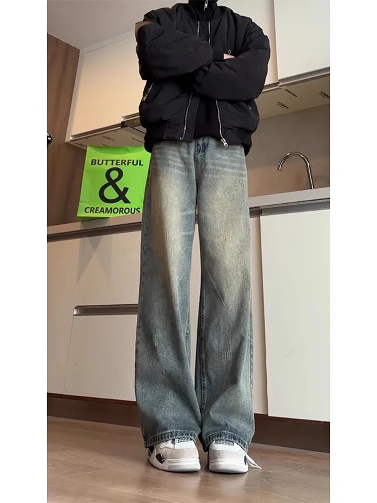 

Retro Blue Jeans Men's Loose Straight Leg Wide Leg Long Pants American Sle Vintage Feel Water Waed Cotton Polyester Blend