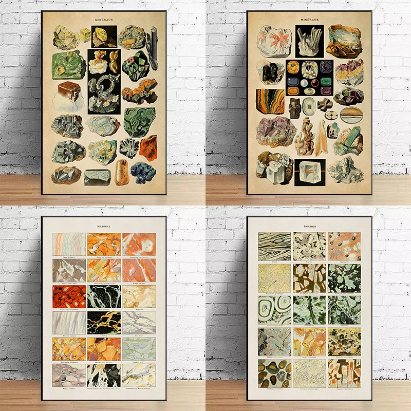 Vintage Minerals Guide Geology Rock Types Artwork Illustration Poster Canvas Painting Wall Art Pictures Home Room Decor