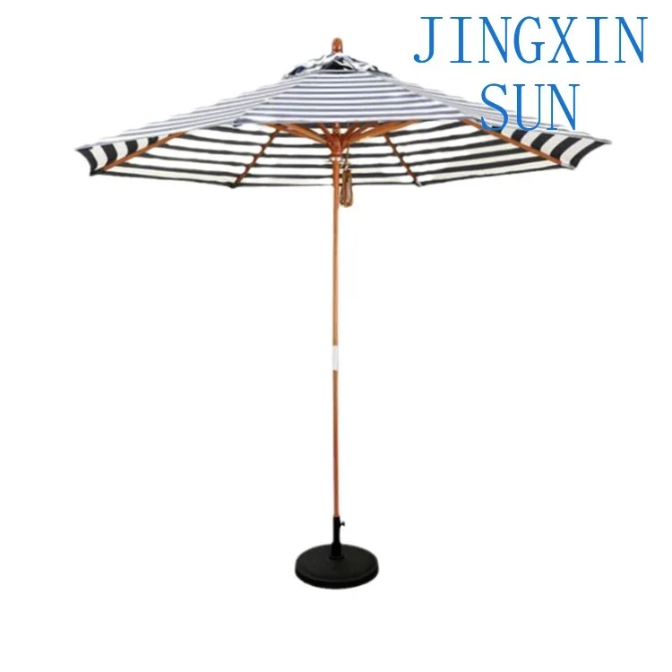 Black and white striped wooden bone middle column, solid wood sunshade beach umbrella, outdoor garden tables and chairs