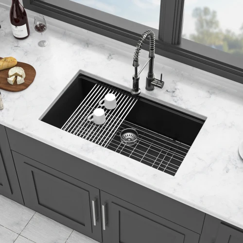 ATV Wholesale Modern Quartz Kitchen Sink 32x19 Inch Black Composite Granite Single Bowl Undermount Sink