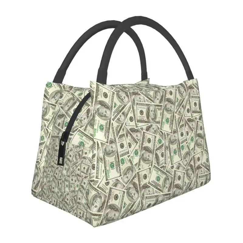 US Dollar Banknotes Insulated Lunch Bag for Women Portable Money Pattern Thermal Cooler Bento Box Beach Camping Travel