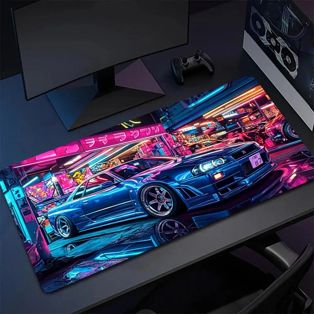 Purple Neon Sports Car Gaming Mouse Pad Stitched Edges Large Size Desk Mat For Futuristic Esports Setup