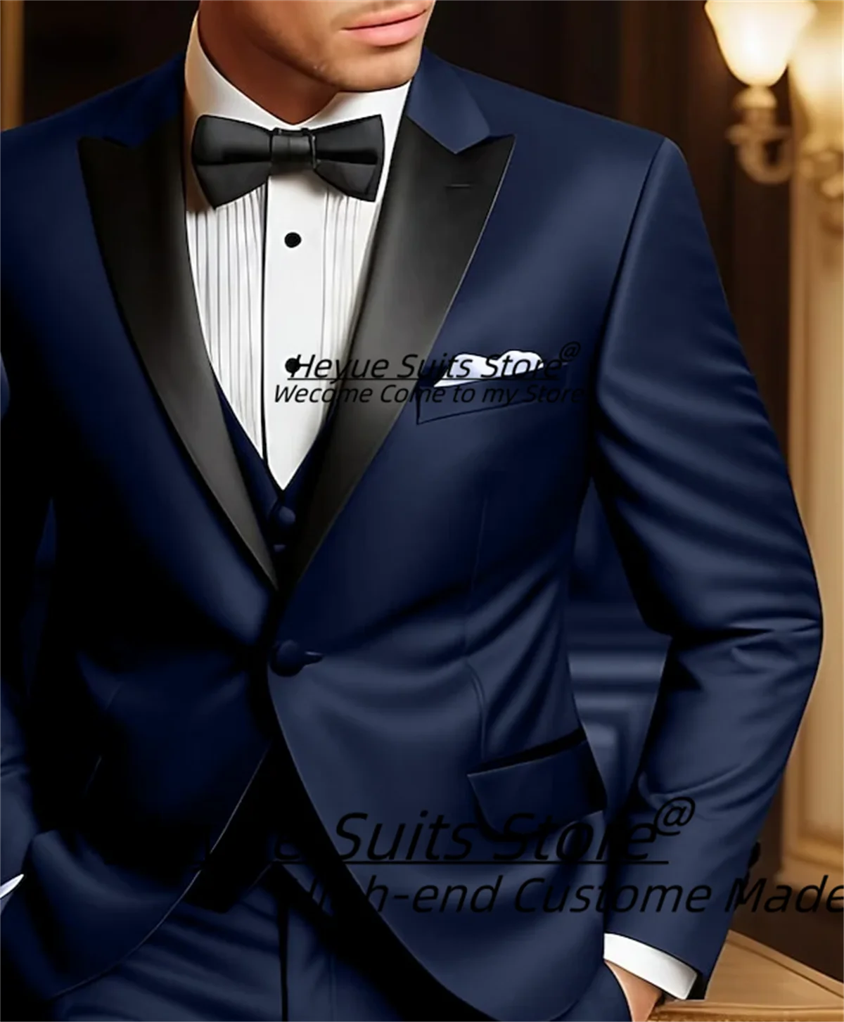 Luxuly Black Wedding Suits For Men Slim Fit Peak Lapel Groom Formal Tuxedos 3Pieces Sets Elegant Male Blazers trajes para hombre