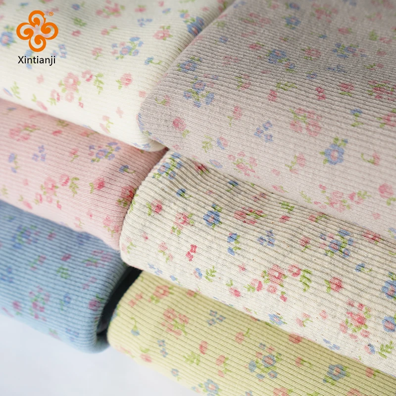 135x50cm Rib Knit Fabric Little Flowers product Cute Pattern For Girls Top Sewing Vest, Soft And Elastic Stretch Dress Material