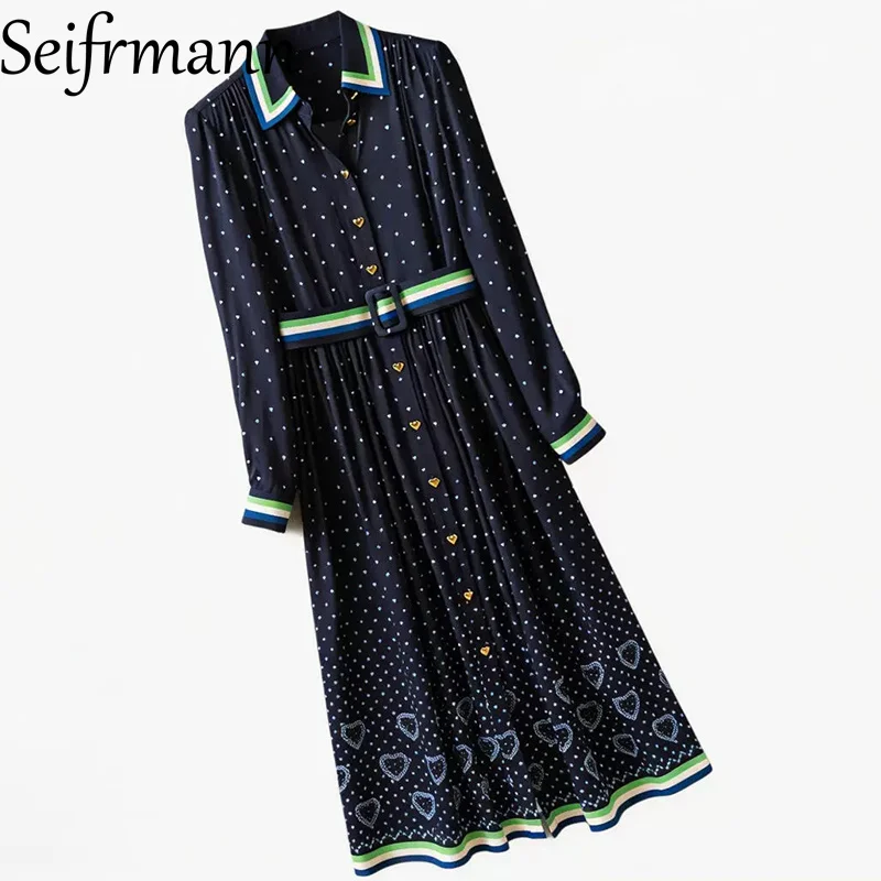 Seifrmann Contrast Color Polka Dot Shirt Dress Lapel Long Sleeve Belt Waist mid-length Dress 2026 Summer Women's New Style