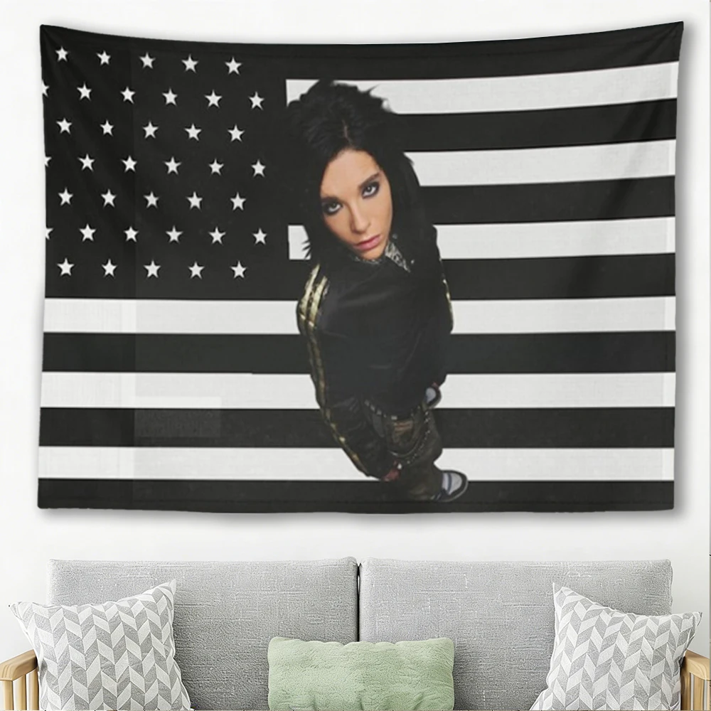 B-Bill K-Kaulitz Black White American Flag Tapestry Rock Star Portrait Wall Hanging Emo Dorm Bedroom Fan Banner