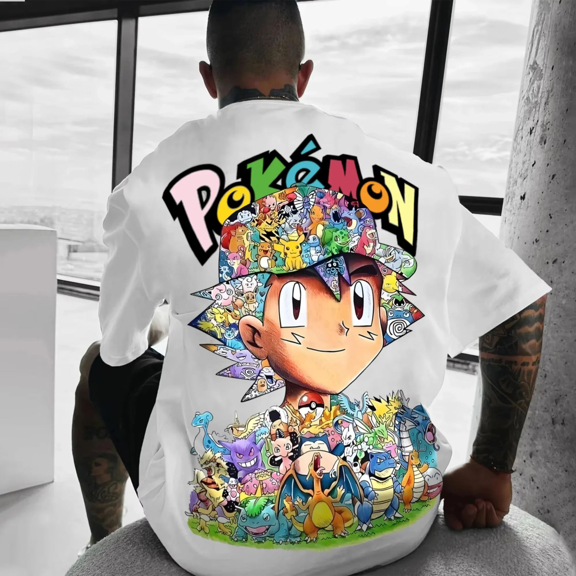 Pokémon dérivés d'animation Ash Ketchum Pikachu impression T-shirt hommes femmes 2025 été ample coton rue tendance marque haut