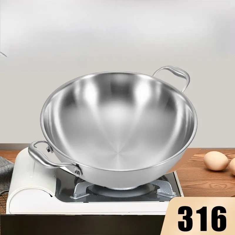 Non-coated Small Hot Pot with Dual Handles, 316 Stainless Steel Small Frying Pan for Frying, Stir-frying, and Stewing.