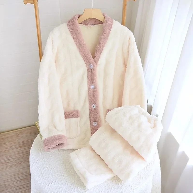 Winter Coral Fleece Pajama Sets Women Warm Cozy Panelled Sleepwear Gentle Thick Sweet Home Ulzzang Fashion New V-neck Loungewear