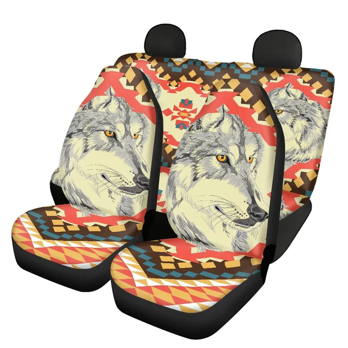 Tribal Totem Car Seat Covers Indian 3D Wolf Pattern Universal Set of 4 Front&Rear Car Seat Cover Interior Durable Easy to Clean