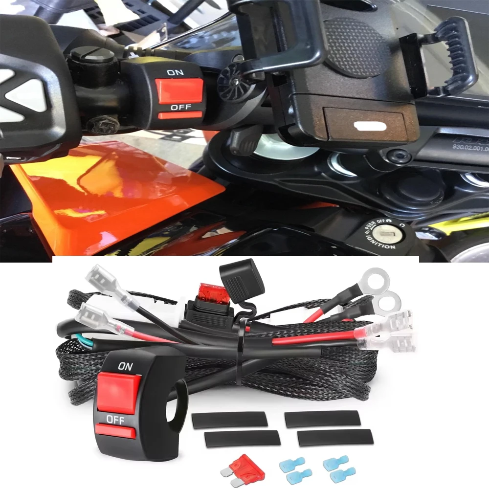 

Для KTM Duke 390 светодиодный светильник, комплект жгутов проводов, 58 дюймов, 7/8 дюйма, переключатель на руле мотоцикла, 12 В, 10 А, лезвие предохранителя, нейлоновый провод, универсальный