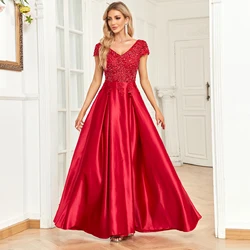 Gorgeous  Long V Neck A Line Evening Dresses Wedding Party Maxi Dress Women Beading Dress Lace Appliques Cap Sleeve Prom Gowns