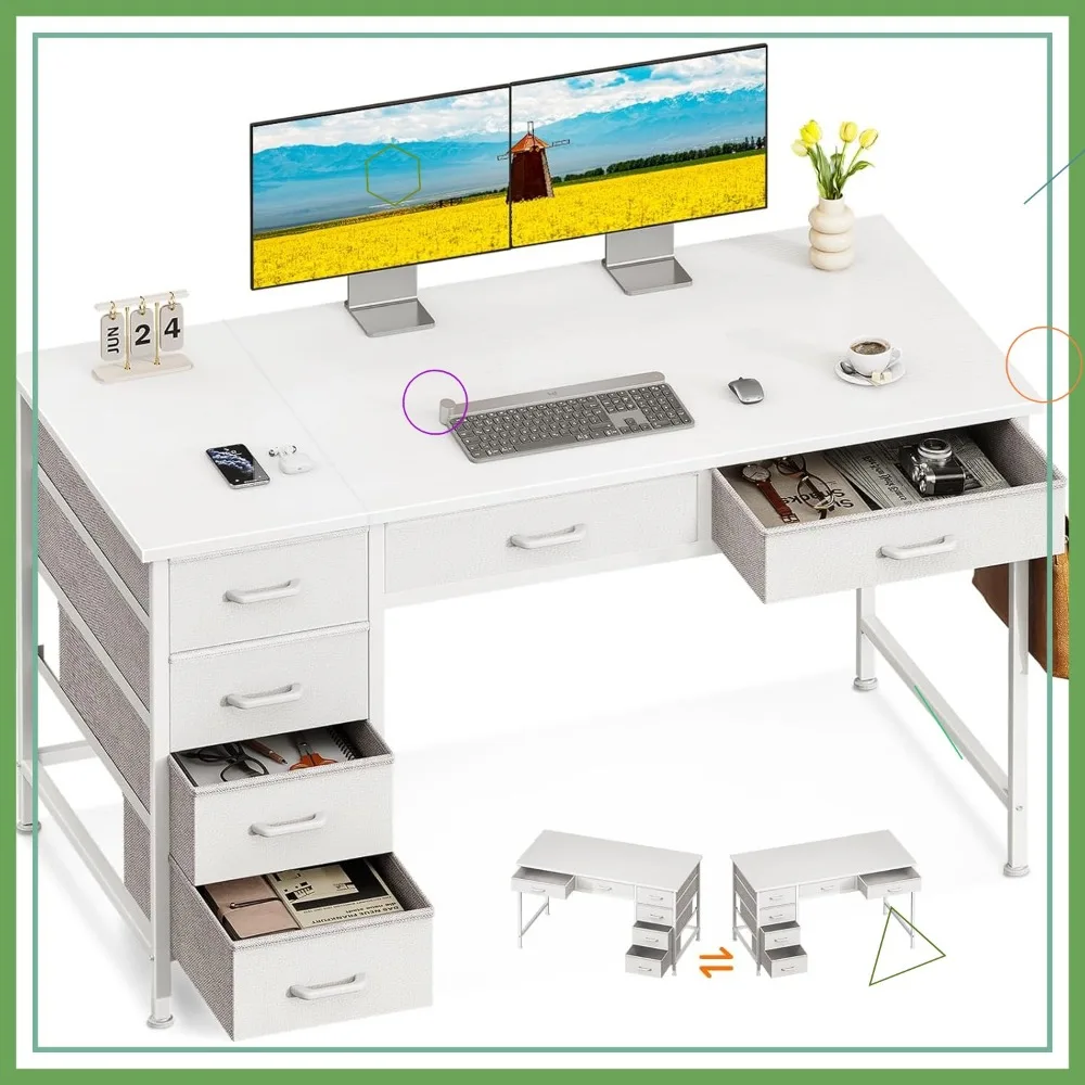 مكتب مكتب مقاس 48 بوصة مع 6 أدراج، تصميم قابل للعكس للمكتب المنزلي، طاولة دراسة باللون الأبيض