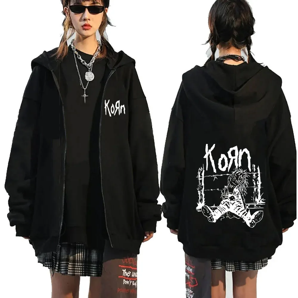 Korn Hip Hop Vintage Gothic Zipper Hoodies For Men Women Streetwear Punk Casual Oversized Sweatshirt Zip Up Jacket Coats