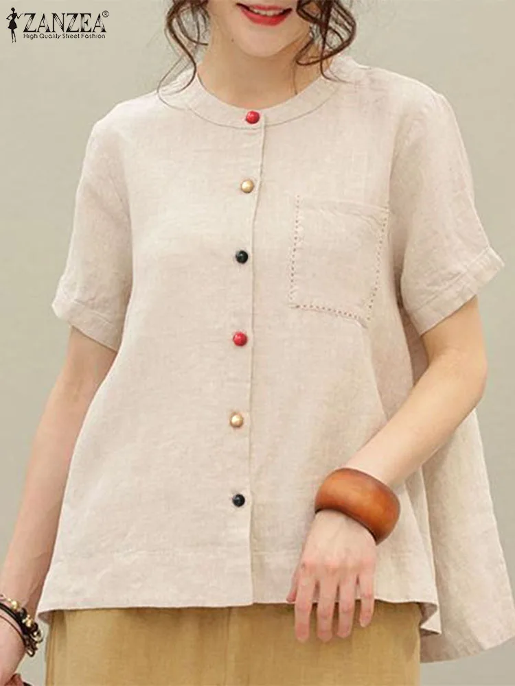 ZANZEA Irregular Coloured Buttons Blouse Korean Fashion Women Shirt 2024 Summer A-line Office Pocket Tops Elegant Round Neck Top