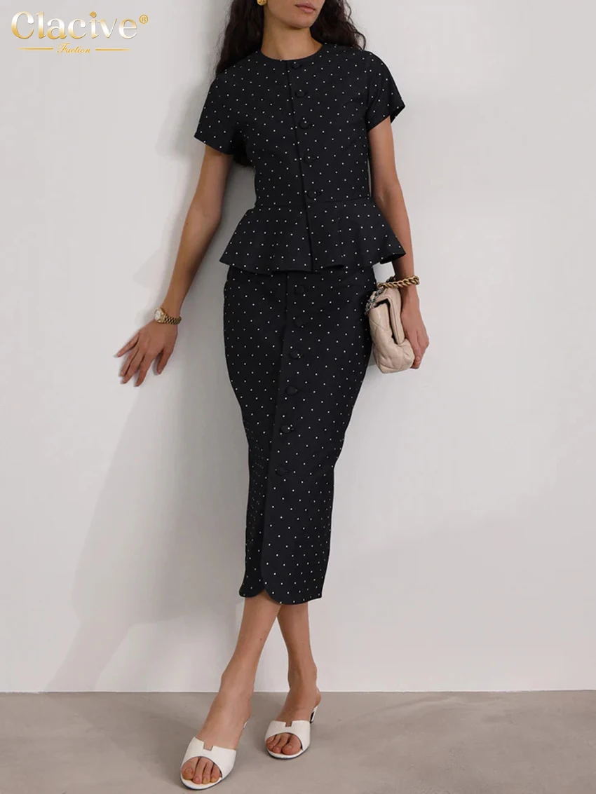 Clacive Summer Slim Print Skirts Set 2 Piece Woman 2025 Fashion Short Sleeve Shirt With High Waist Midi Skirt Set Streetwear image 2