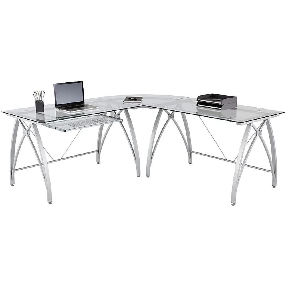 

Vista Glass 76"W L-Shape Corner Desk, Silver