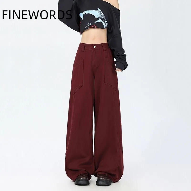 FINEWORDS Highstreet High Waist Wide Leg Jeans Women Korean Baggy Jeans Korean Streetwear Easymatch Retro Casual Jeans