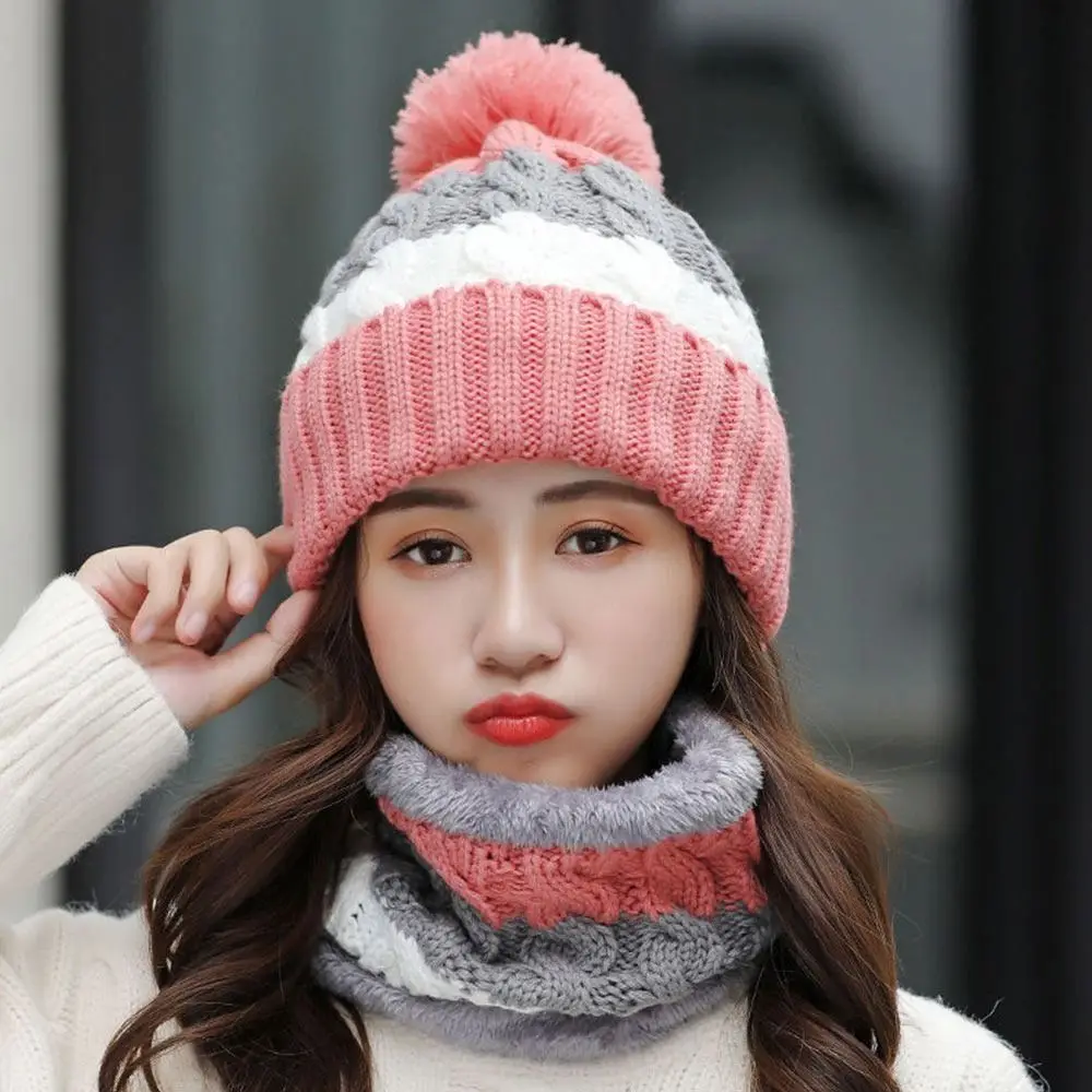 

Fashion Coral Fleece Scarf and Hat Set Soft Elastic Hooded Thermal Cap Thickened Ball Top Cold Proof Scarf Keep Warm