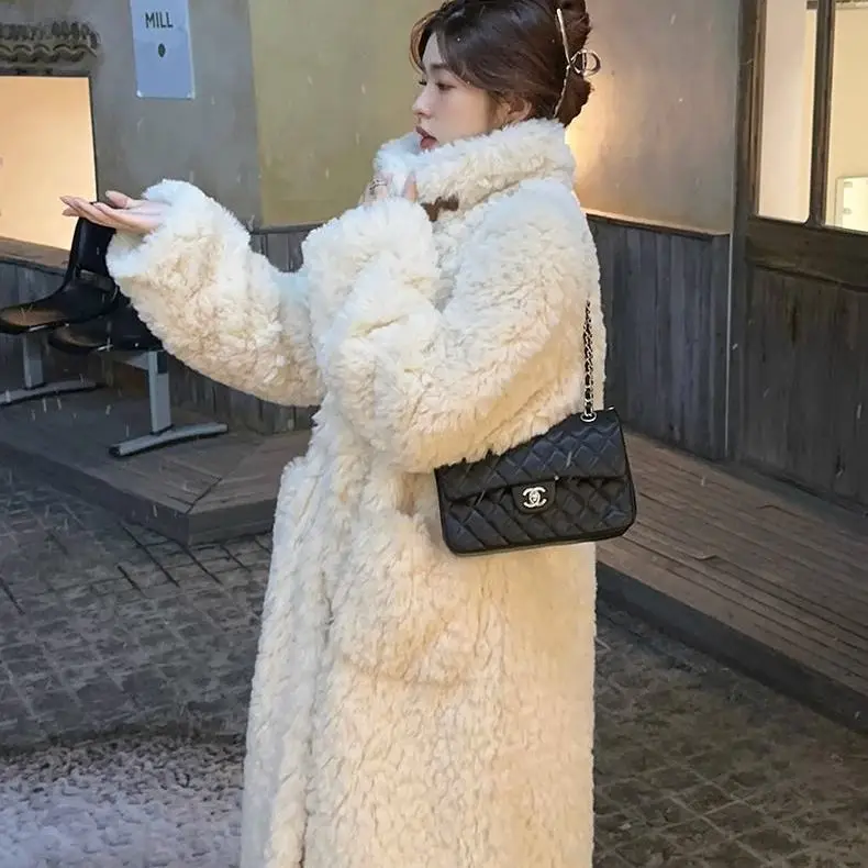 Lamb Wool Coat Women's Long Coat Knee High Design Wealthy Family Imitation Rabbit Fur Thick and Loose Stand Collar