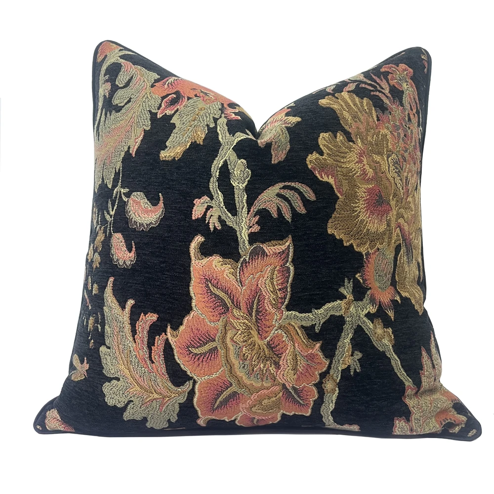 Vintage European Style Floral Soft Chenille Decorative Black Pillow Cover 45x45cm 1 Piece Pack
