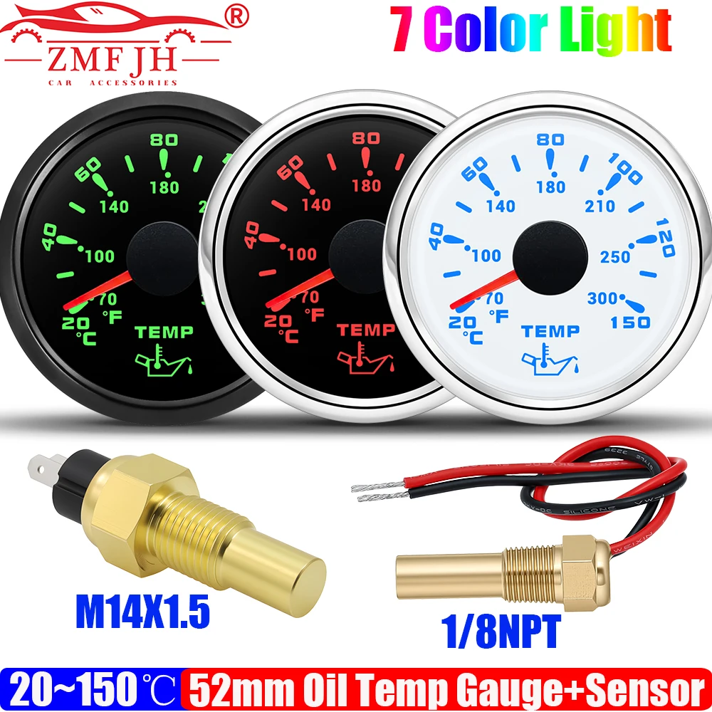 20~150℃,70~300℉ 52MM Oil Temperature Gauge with Sensor 1/8NPT,M14X1.5 7 Color Light for Automobile Car Marine Boat Yacht 12V24V