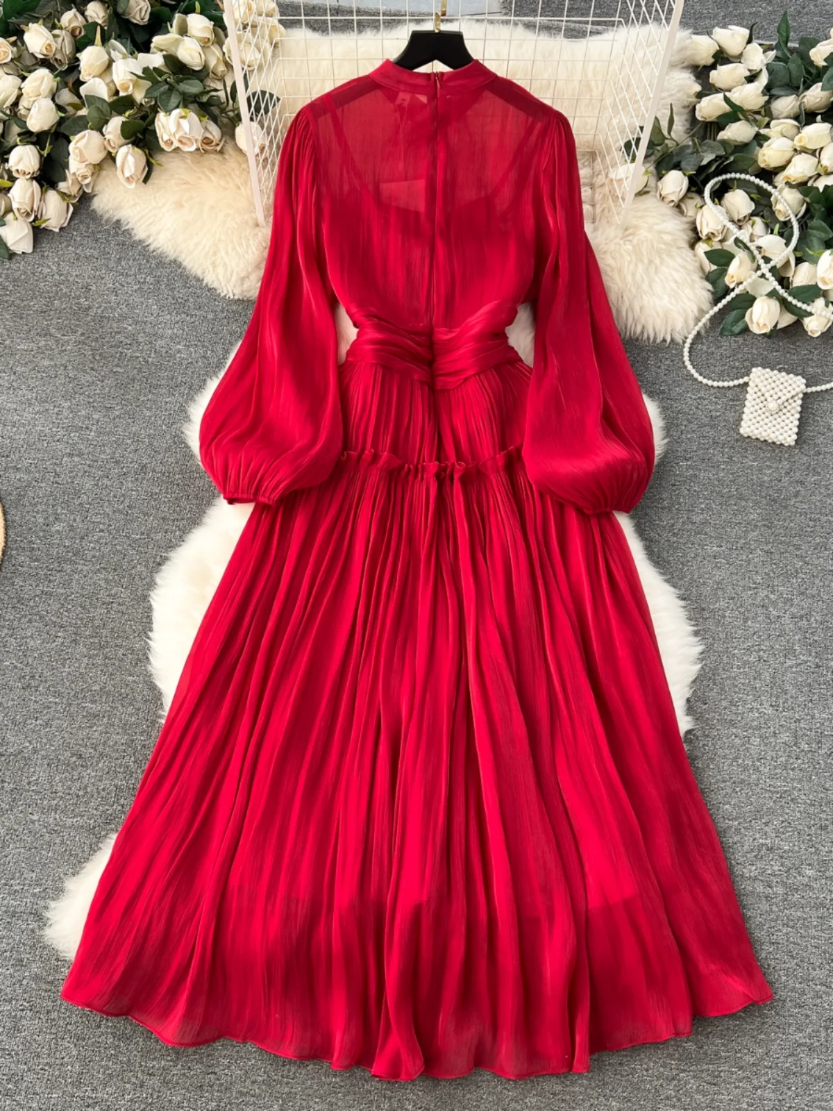 

Ele Long Dr Women's Spring 2024 New Sle Stand Collar Bubble Sve Pleated Waist Cinching Gown Korean Sle Commute