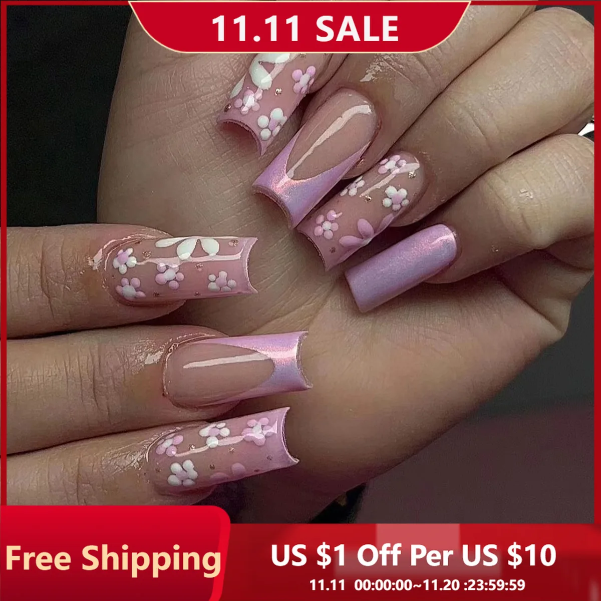 

24 шт., пресс для ногтей, французский хамелеон, розовый и белый цветок, полное покрытие, типсы для ногтей для женщин и девочек, съемные носимые накладные ногти