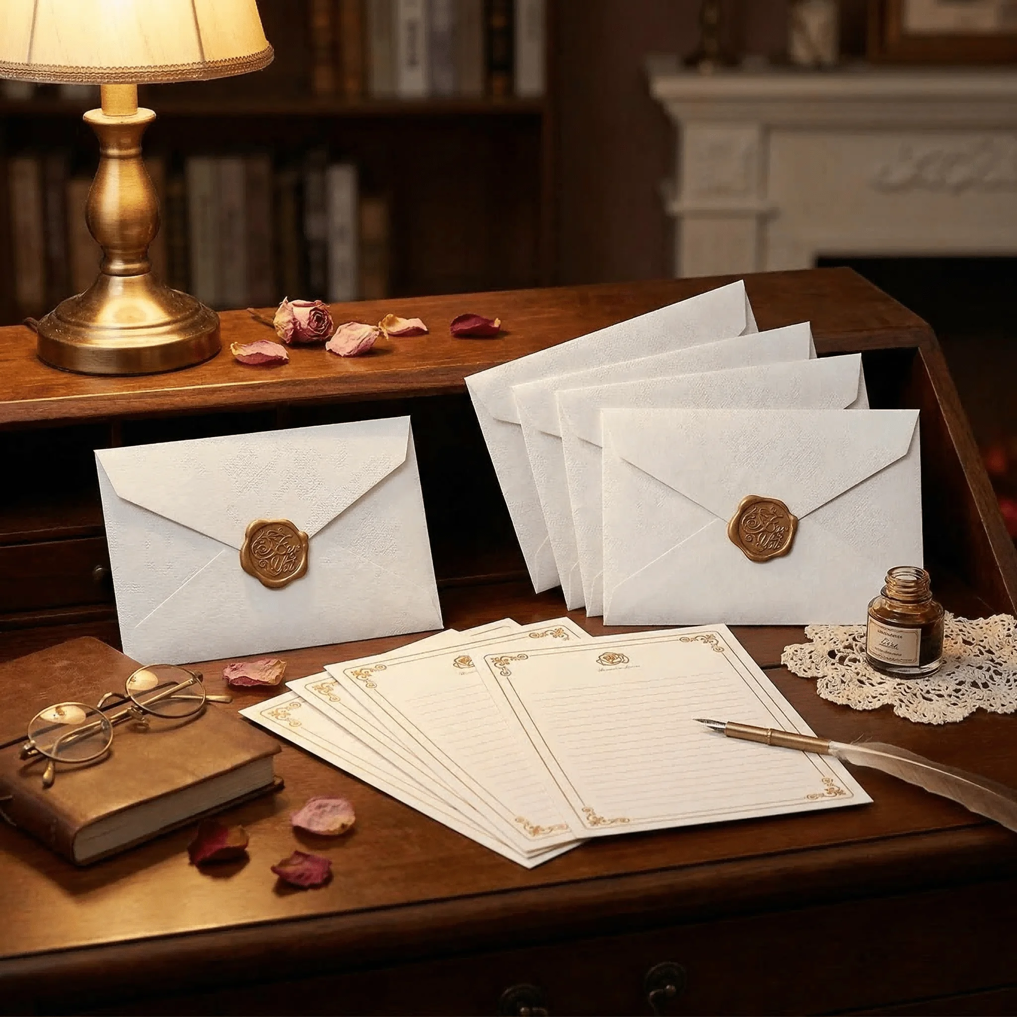 

Набор винтажных конвертов для писем из 32 предметов: 6 конвертов из мешковины, 20 листов бумаги для письма, 6 восковых печатей для приглашений