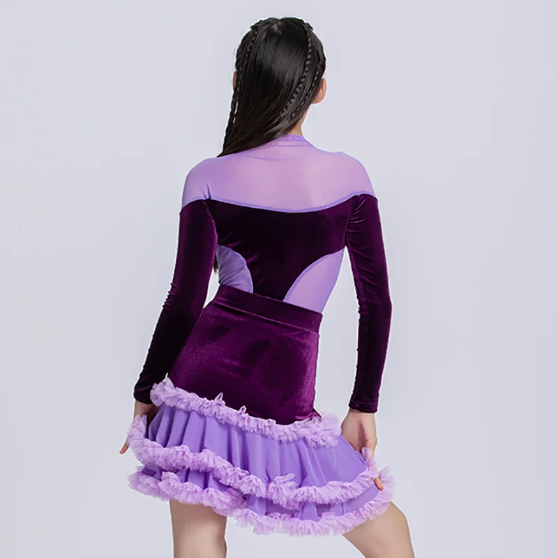فستان مسابقة الرقص اللاتيني 2025 جديد للأطفال البنات أداء احترافي ارتداءها والتنانير الشتاء المخملية ممارسة زي