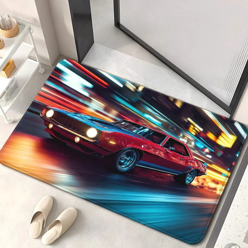 VIKAMA Retro Classic Muscle Car Doormat Red Vintage Sports Car City Night Speed Blur Print Non Slip Absorbent Floor Mat Man Rug