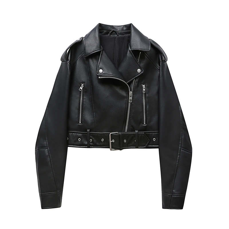 ZVRI blacK Women Vintage Loose Pu Faux Leather Short Jacket with Belt Streetwear Female Zipper Retro Moto Biker Coat Outwear