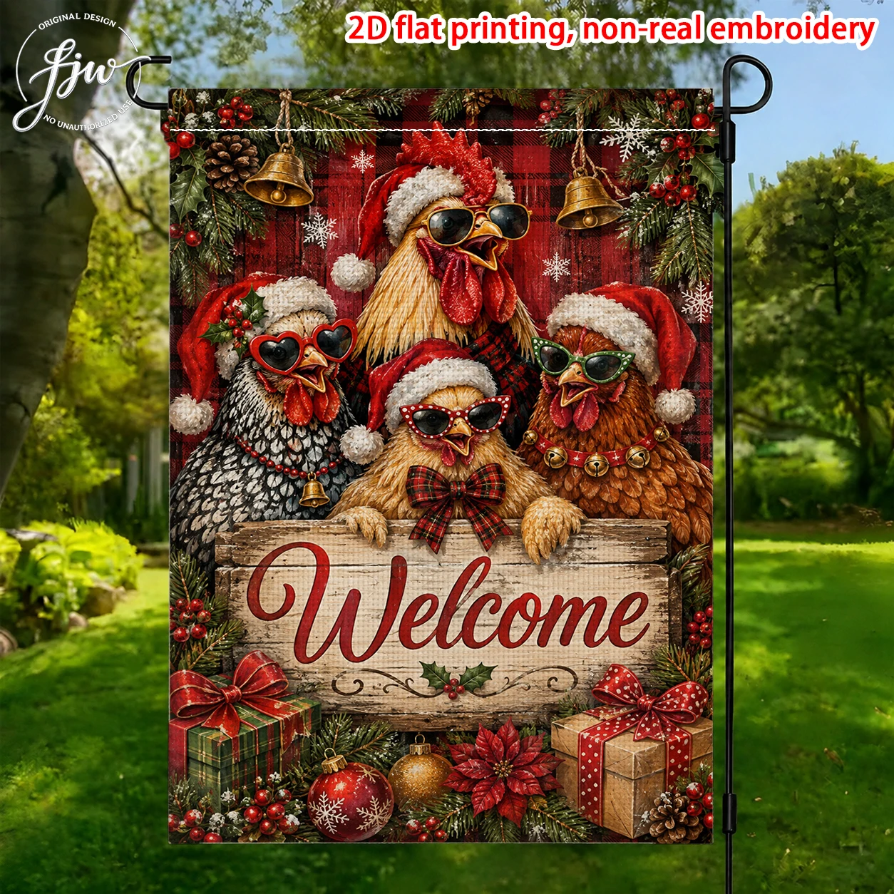 1pcs Christmas Welcome Garden Flag with Cute Chickens Santa Hats and Festive Holiday Decorations for Yard Outdoor Farmhouse