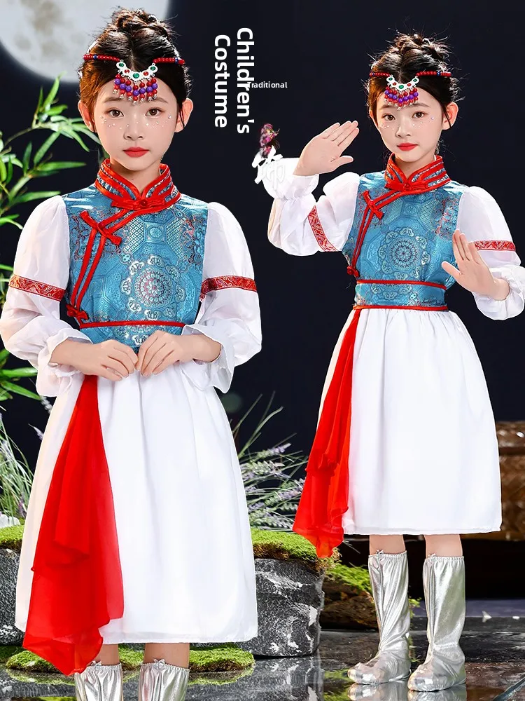 

Монгольский этнический танцевальный костюм для девочек: белое платье, традиционный наряд для степного фестиваля