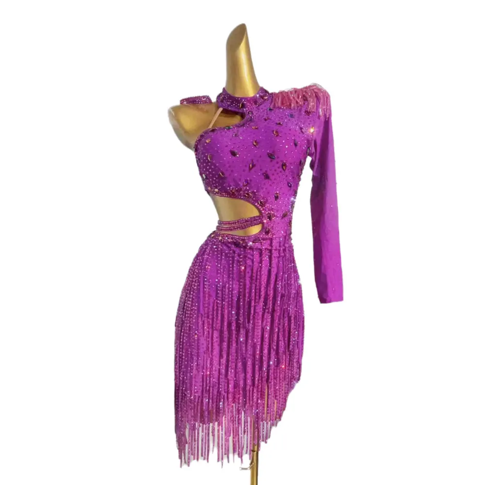 مرحلة الرقص اللاتينية الملابس النسائية الراقية المخصصة الأرجواني الأزهار الملابس السامبا أداء الفن حجر الراين الملابس اللباس