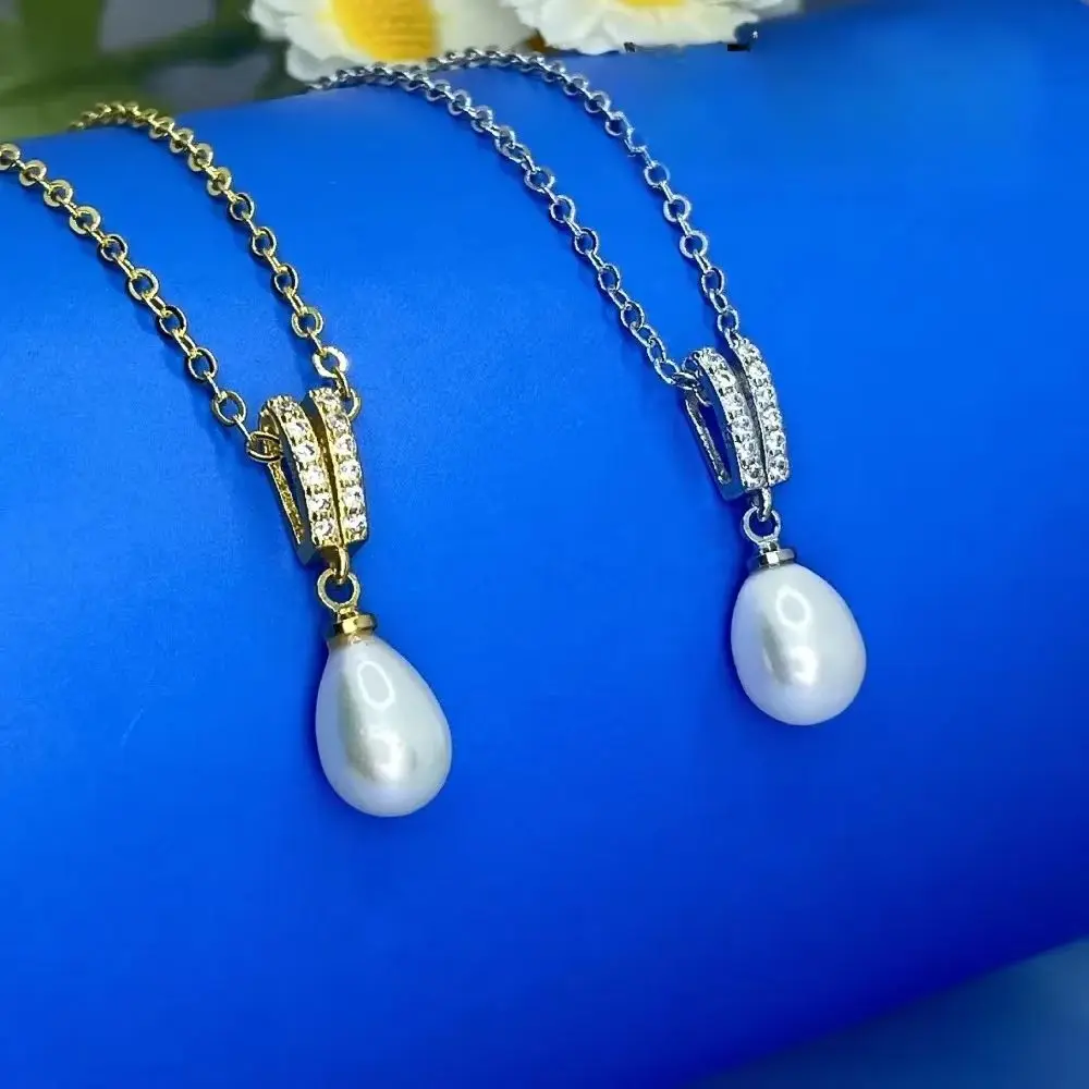 HENGSHENG 6-7mm Rice Shape Freshwater Pearl Pendant Necklaces Jewelry Gift Shine Zircon 45cm Chain Necklaces for Women Girls
