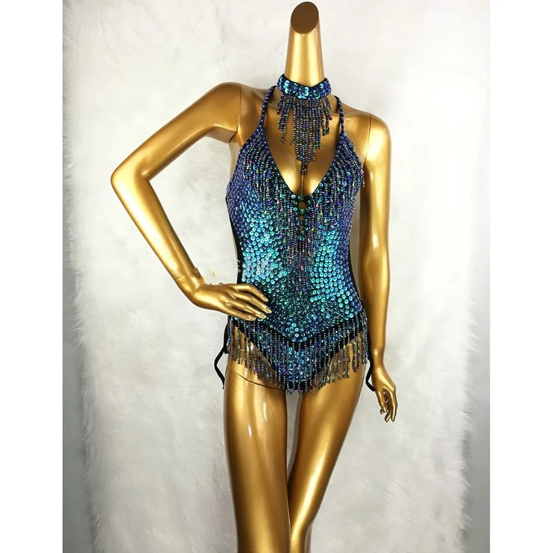 Costume de brevdu Ventre Latine pour Femme, Justaucorps Coloré, Maillot de Bain à Paillettes, Perlage de Batterie, Spectacle sur Scène, Tenue Sexy, 1 Pièce