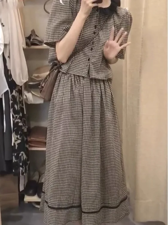 Été Plaid Dr femmes Ele deux pièces Ensemble haut de gamme sensation petite Fraance Sle f-longueur Jupe Faionable Ensemble