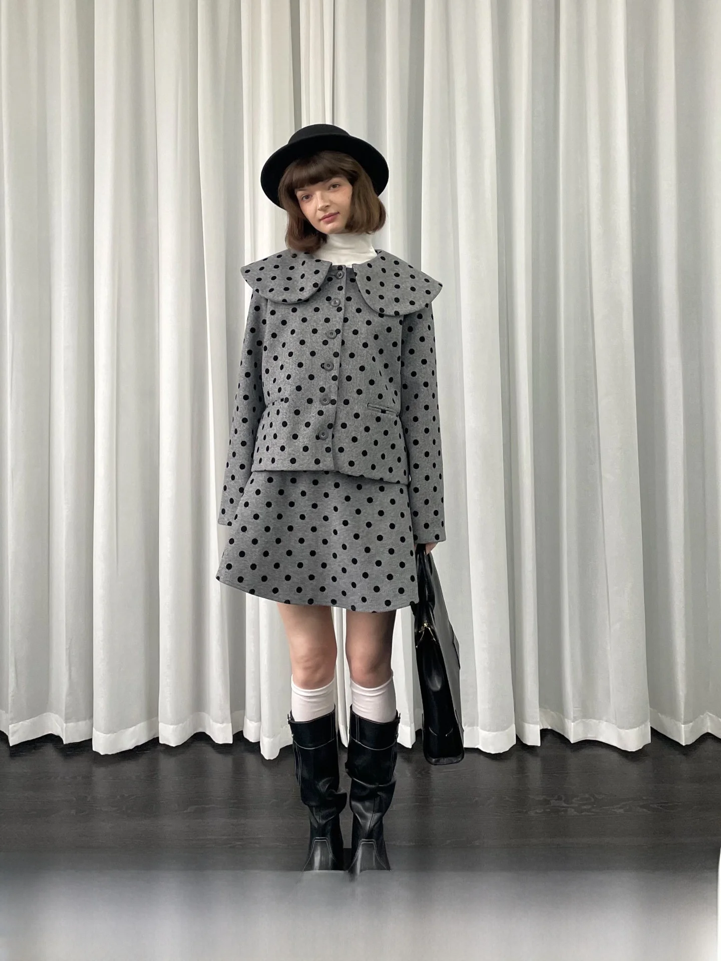 

ay Длинная юбка с кукольным воротником в горошек Sve Jaet ort, комплект из двух предметов, свободный узор галстука с запахом для колледжа