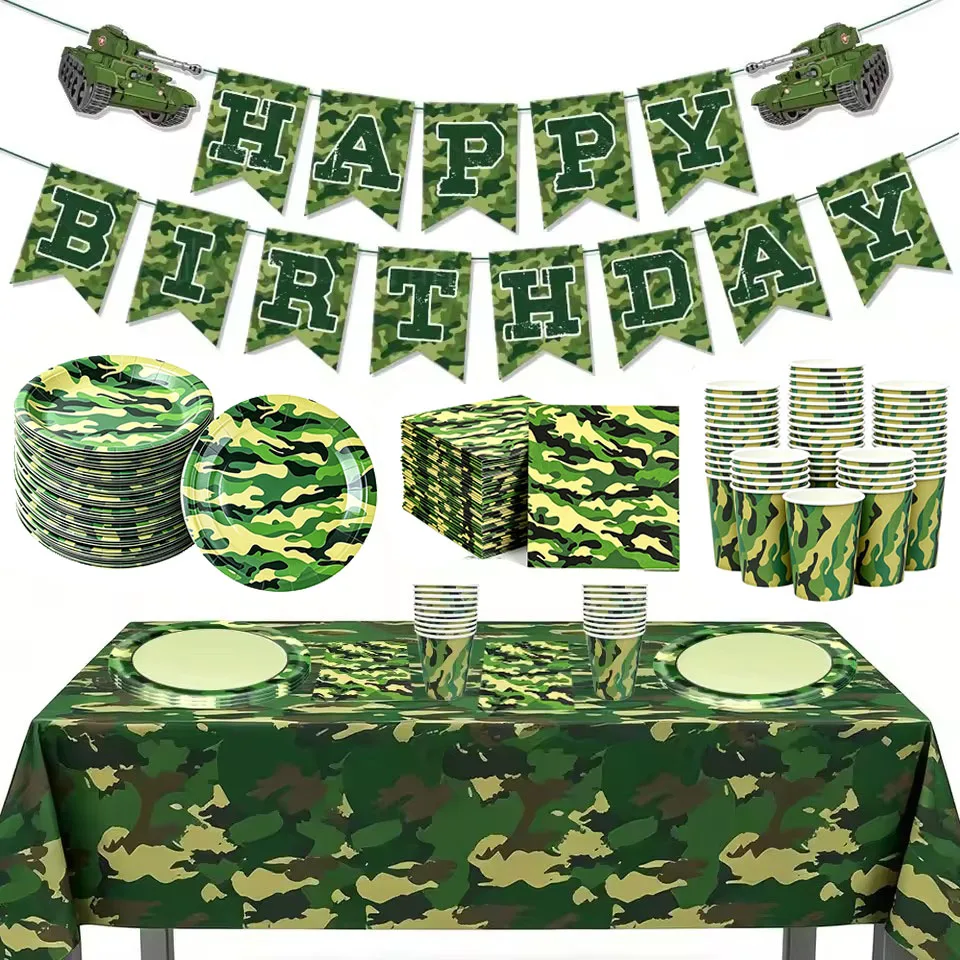 Set Di Stoviglie Per Feste A Tema Militare, Piatti, Bicchieri, Tovaglioli, Tovaglia E Striscione In Carta Mimetica, Decorazioni Per Feste Di Compleanno A Tema Esercito-image