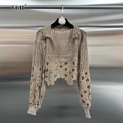 VGH Hollow Out Solid Sheer Short Shirts For Women Lapel Lantern Sleeve Minimalist Casual Loose Pullover Blouses Female Fashion