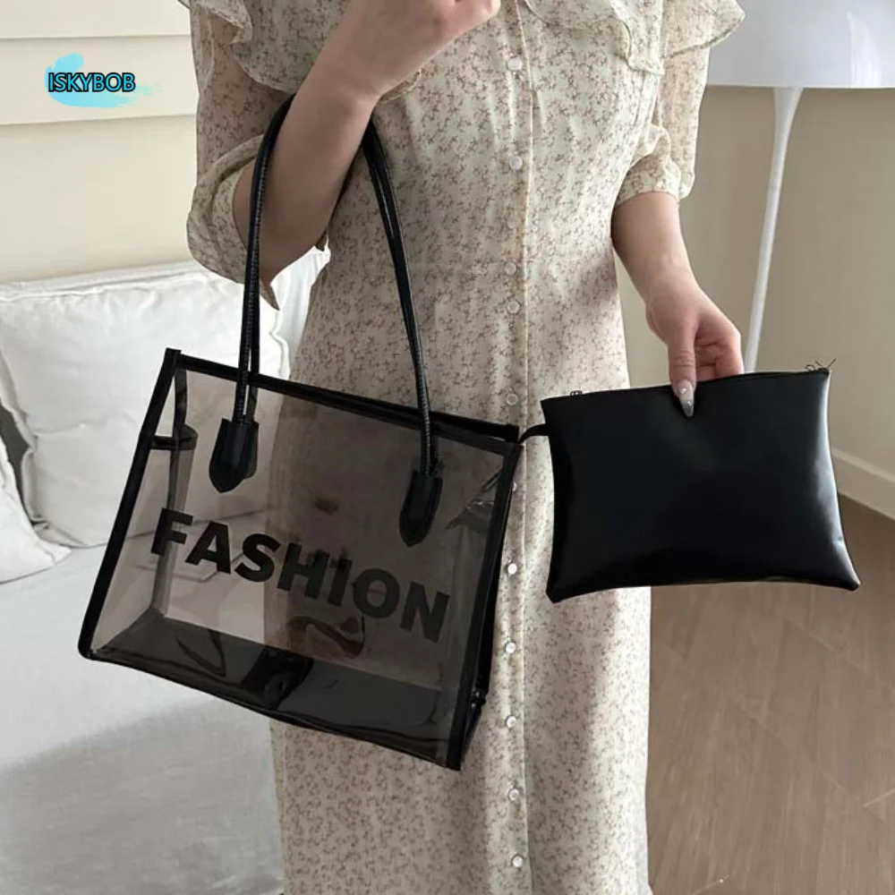 

2pcs/set Large Capacity Transparent Jelly Bag PU Leather Fashion Clear PVC Handbag Waterproof Black PVC Composite Tote Bags