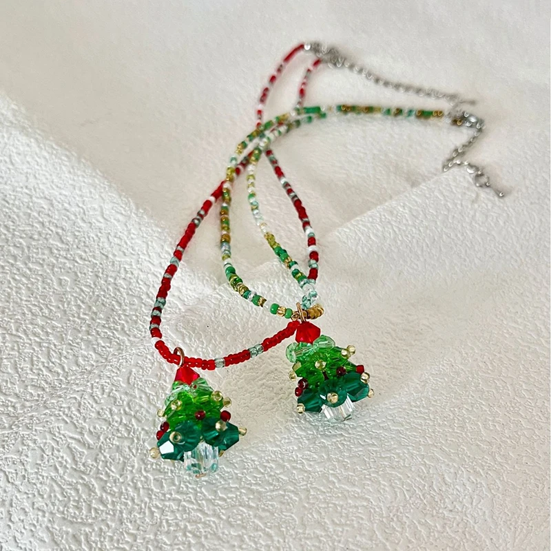Christmas New Niche Ambiance Necklace Handmade Colorful Beaded Collarbone Chain Crystal Glass Christmas Tree Pendant image 2