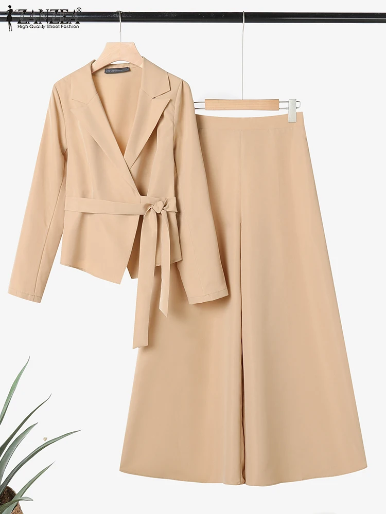 ZANZEA Women Elegant 2 Pieces Pant Sets Lightweight Long Sleeve Belted Blazer & Wide Leg Pant 2pcs Suits Office Commuting Sets
