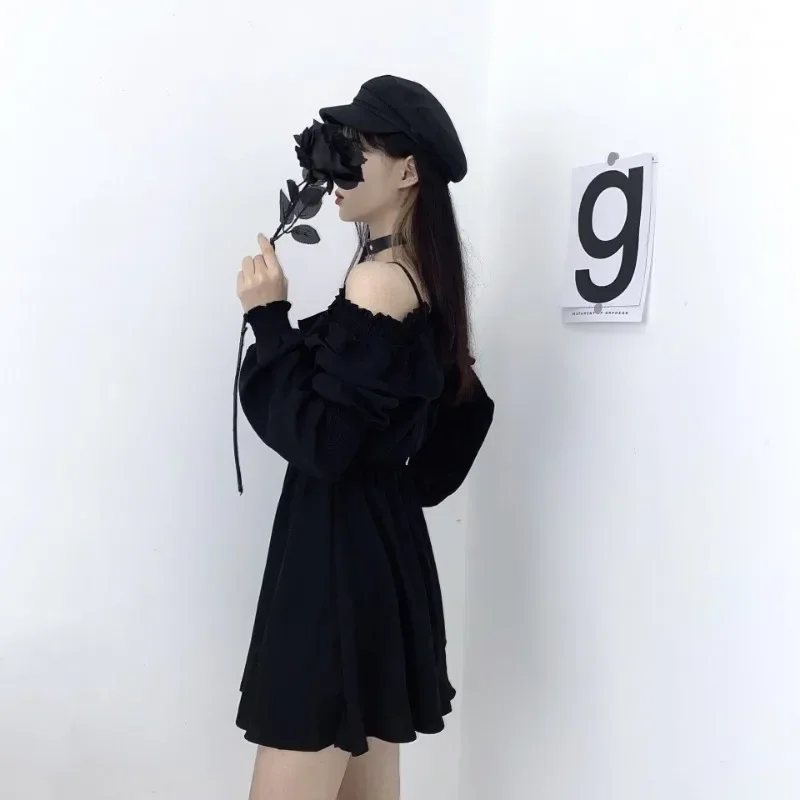 

Summer Gothic Women Black Mini Dress Sexy Off Shoulder High Waist Tunic Ladies Party Dresses Solid Color V Neck Vestidos Платье