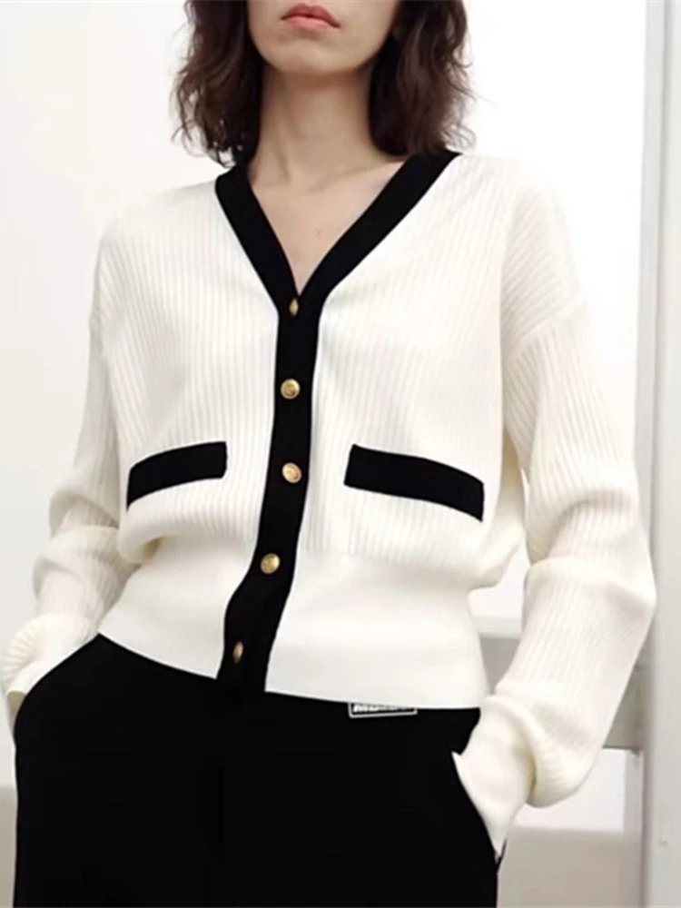 2024 Knitted Ribbed Cardigan Women Sweater Female Vintage V-neck Sweaters Long Sleeve Fashion Black White Autumn Jumper Tops